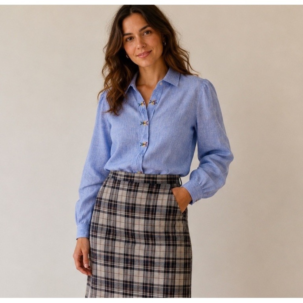 Country Road Top Women 8 Blue Embroidered Button Up Prairie Retro Cottage